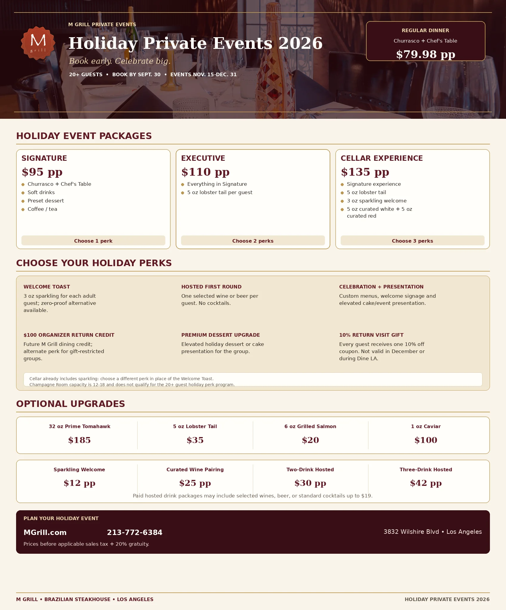 Elegant restaurant event menu for holiday private events
