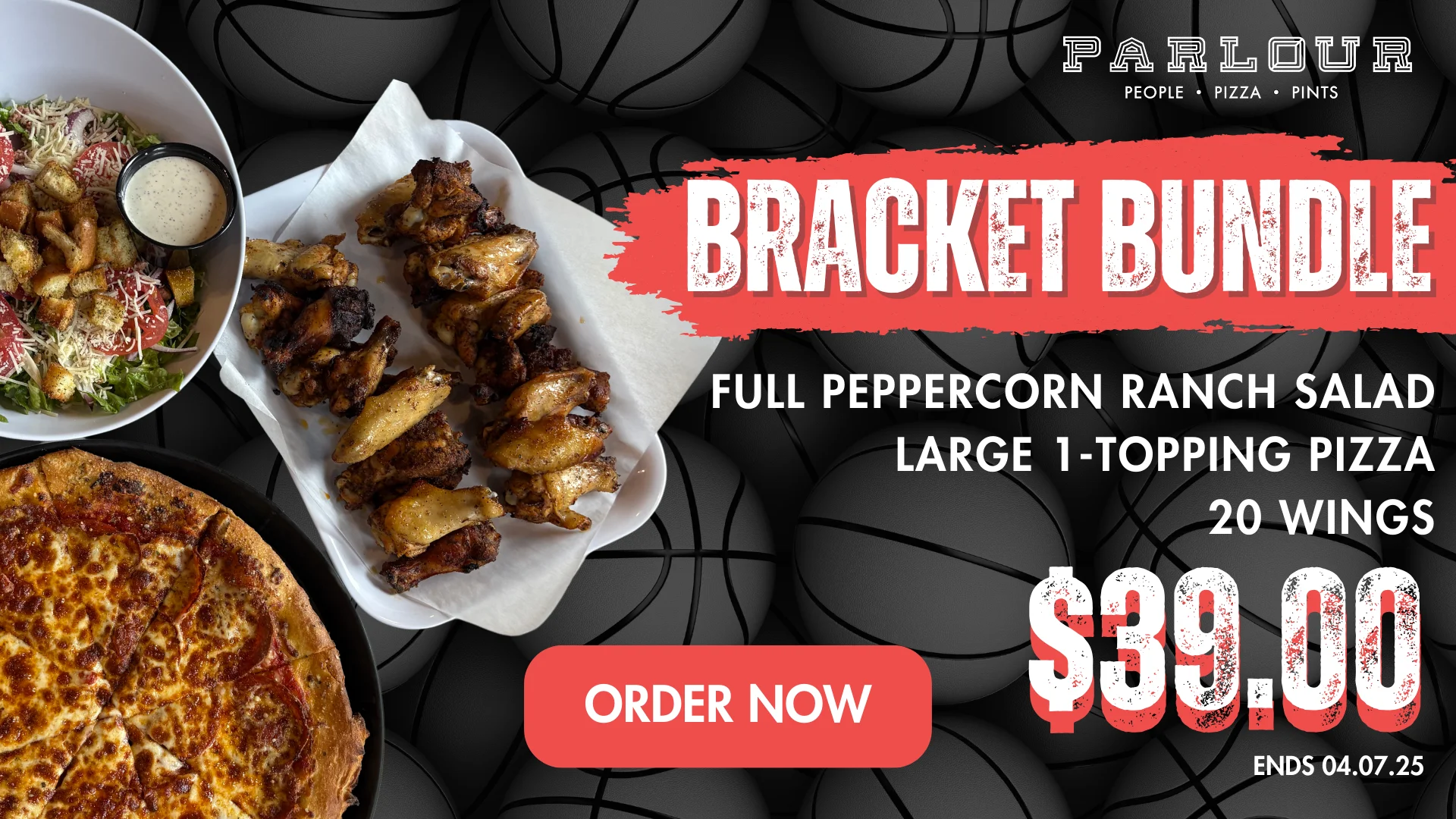 Bracket bundle featuring pizza, wings, and salad for game day