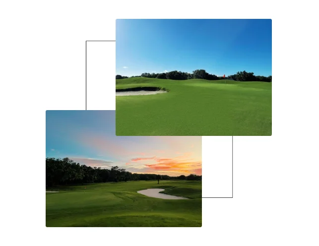 Scenic golf course views with blue sky and sunset