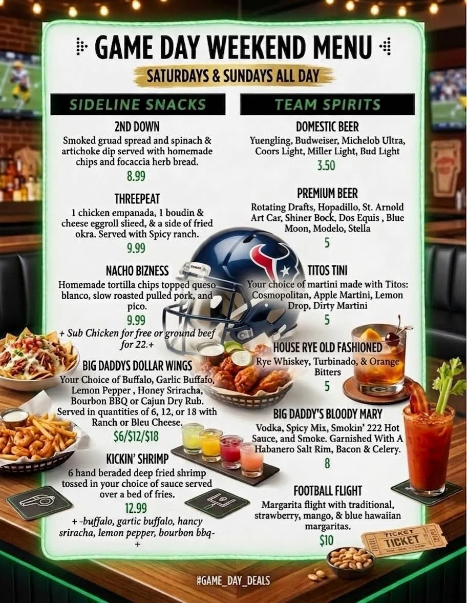 Game day menu featuring snacks and drinks for sports fans