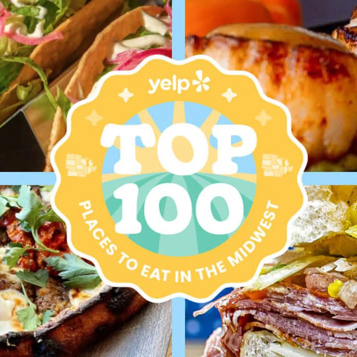 Restaurant food collage with prominent Top 100 award badge and typography