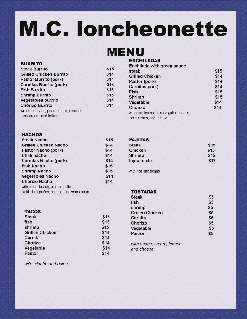 Mexican menu featuring burritos, enchiladas, and tacos