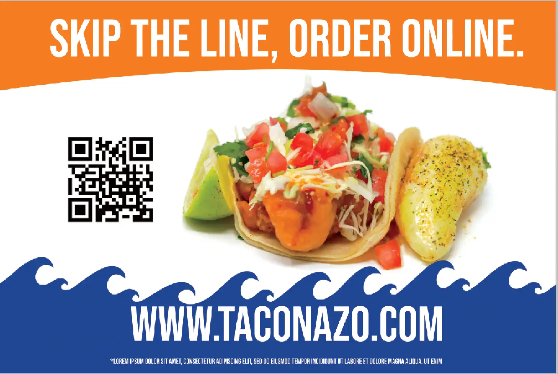 Online Ordering Promotional Flyer with a fish taco, chile, and lime.