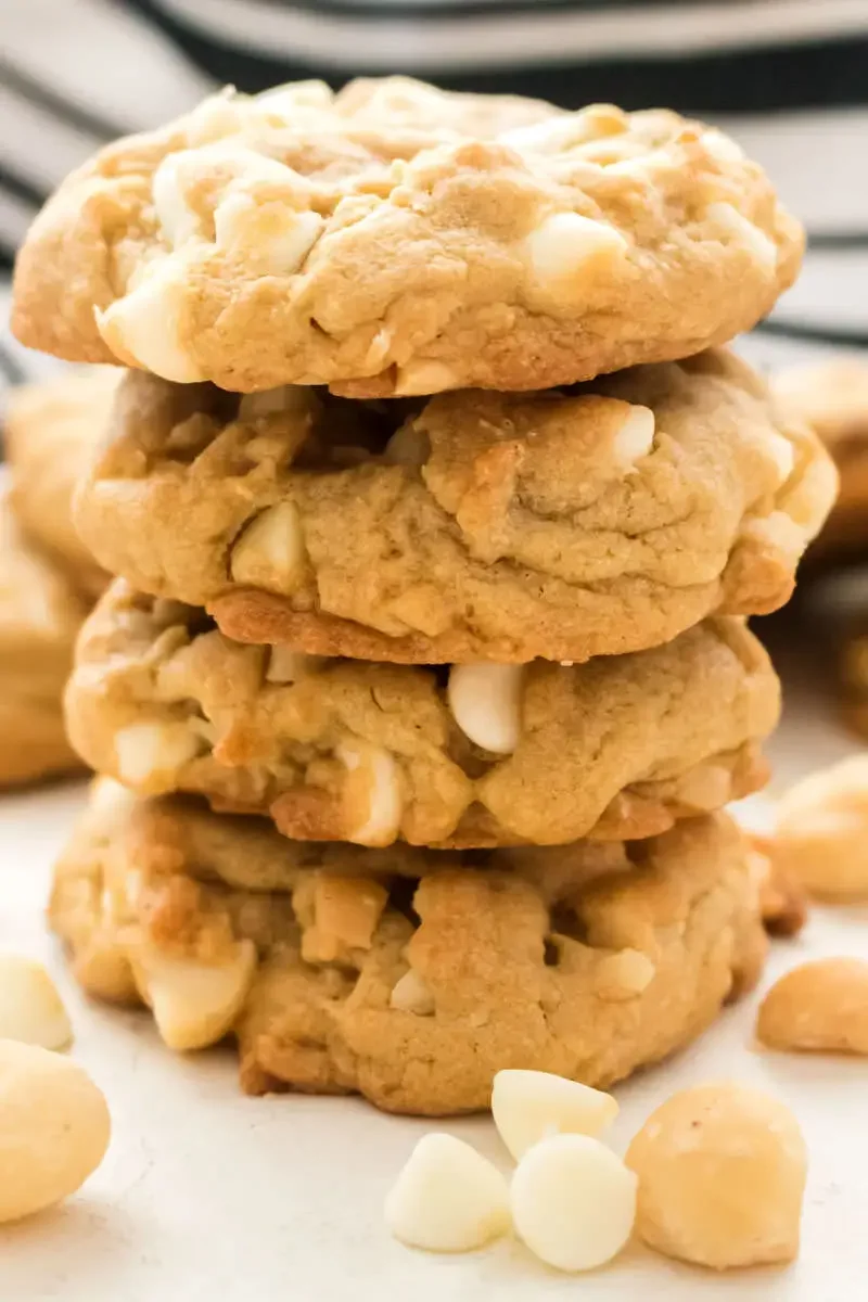 Delicious macadamia nut cookies stacked high