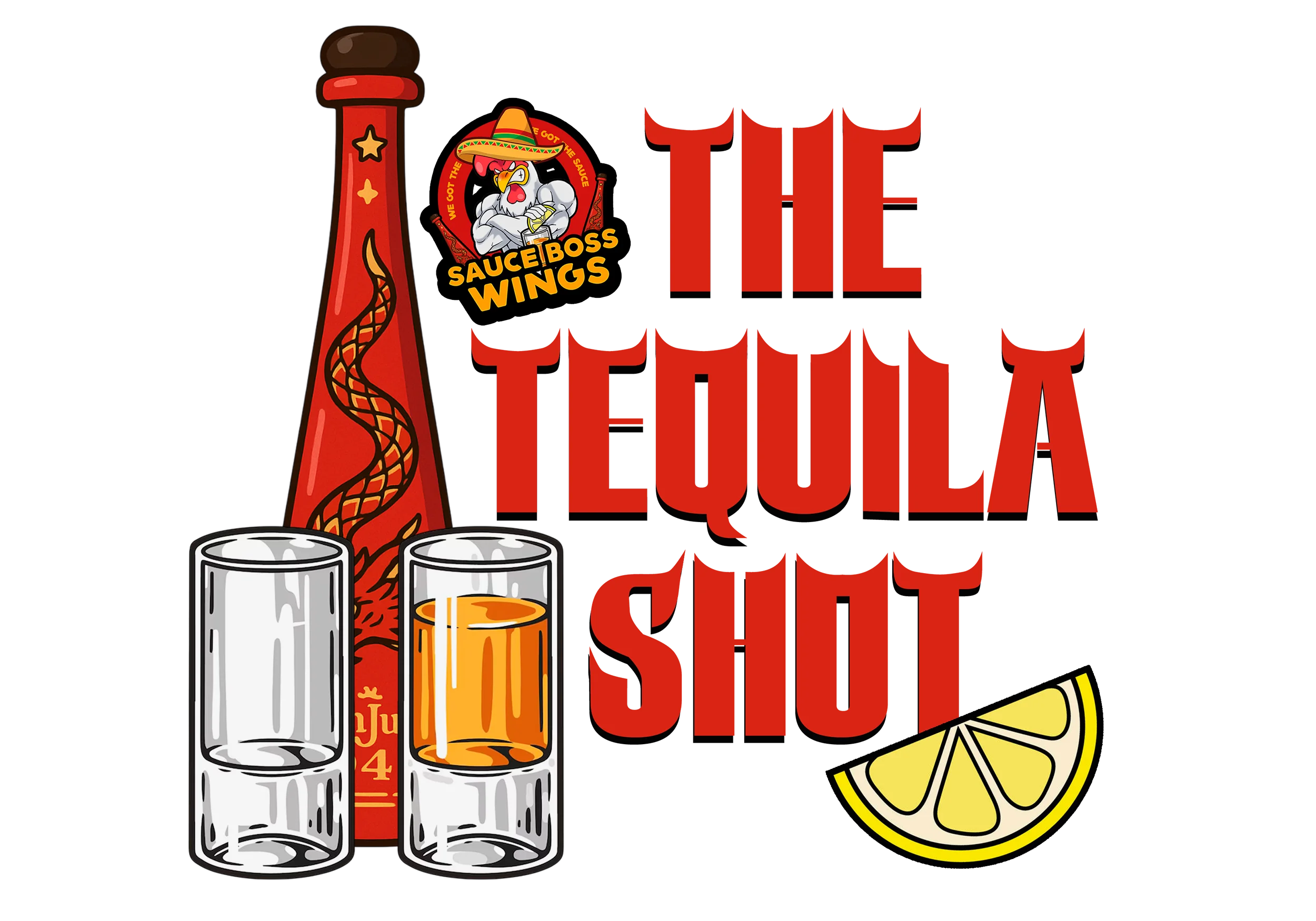 Tequila shot with lime and hot sauce bottle