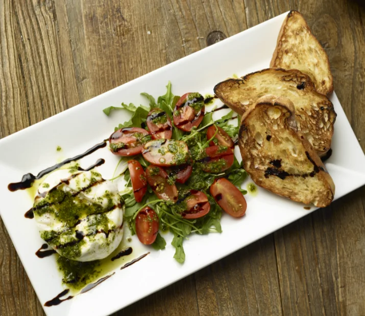 Burrata + Tomatoes with Pesto, earn rewards, pizza, san mateo, santa clara, rotisserie, american, parties, events, gatherings