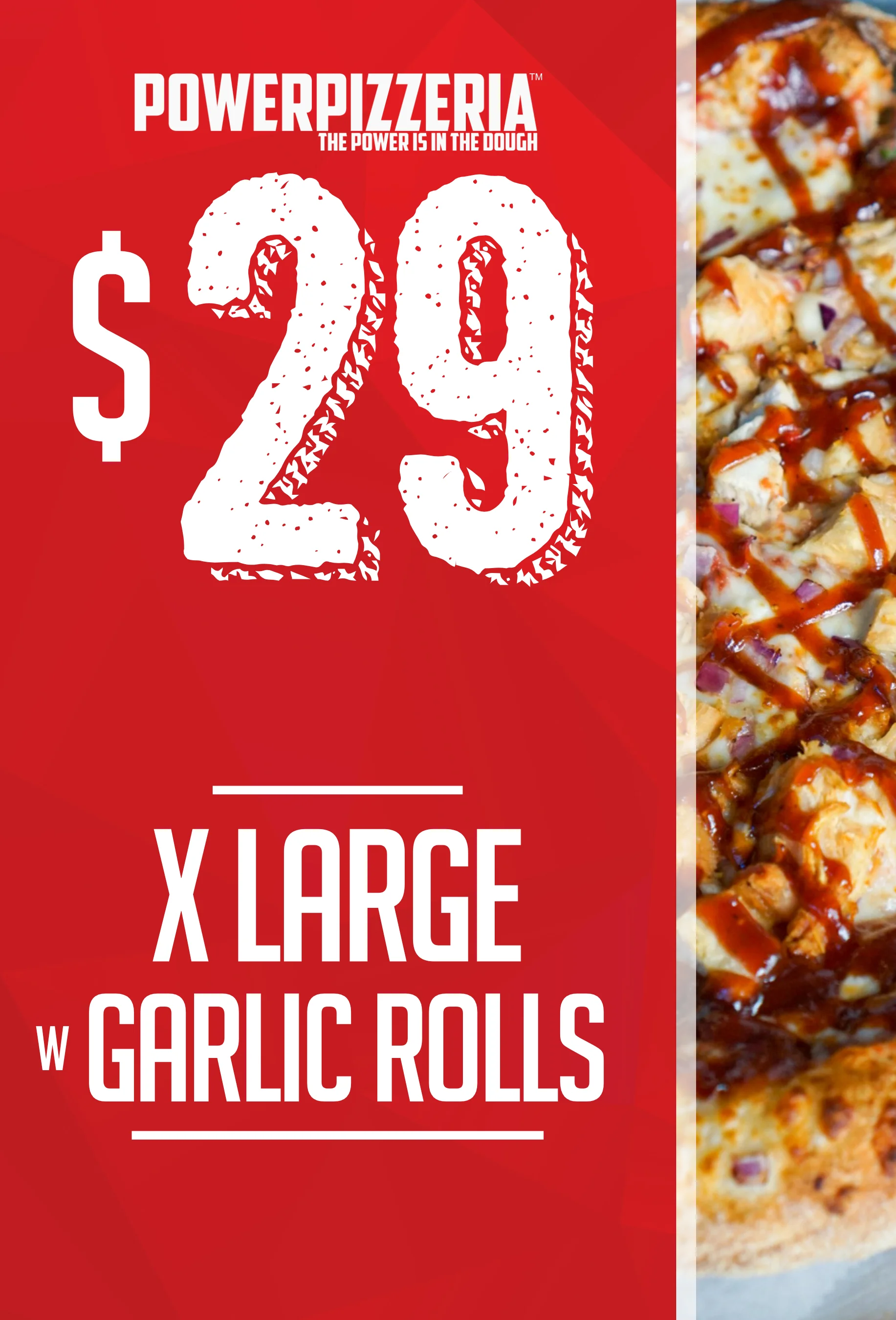 BBQ chicken pizza with garlic rolls from Power Pizzeria