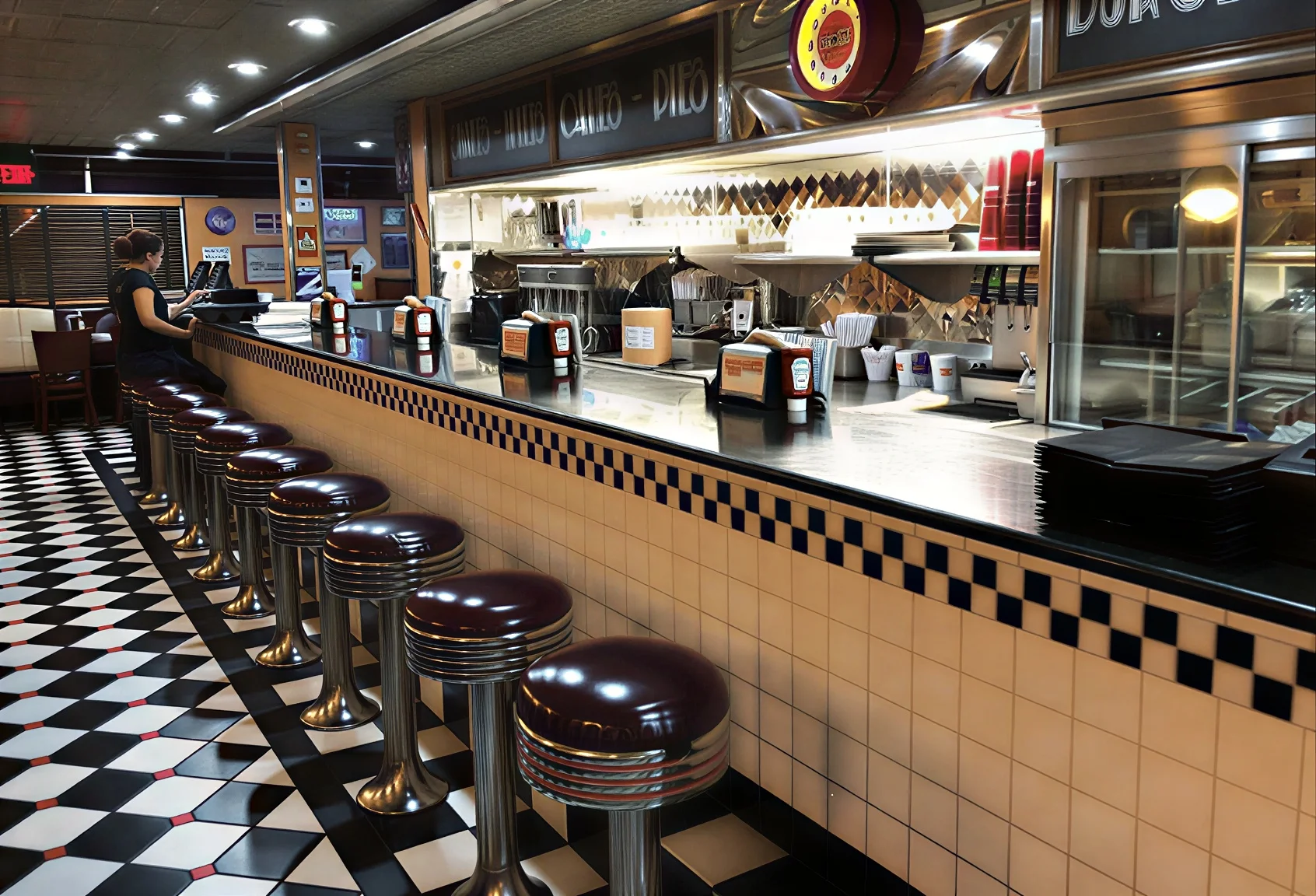 Classic Moonlite Diner counter with chrome stools, checkerboard floor, open kitchen, and nostalgic 1950s-style American diner atmosphere.