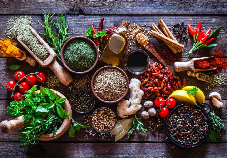 Assorted spices and herbs for global cuisine preparation