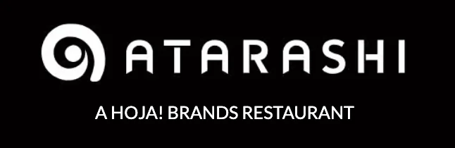 Atarashi restaurant branding with white logo and typography on black background