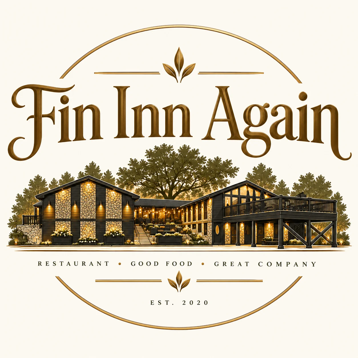 A stylish restaurant logo featuring a detailed illustration of a building surrounded by trees, emphasizing good food and great company.