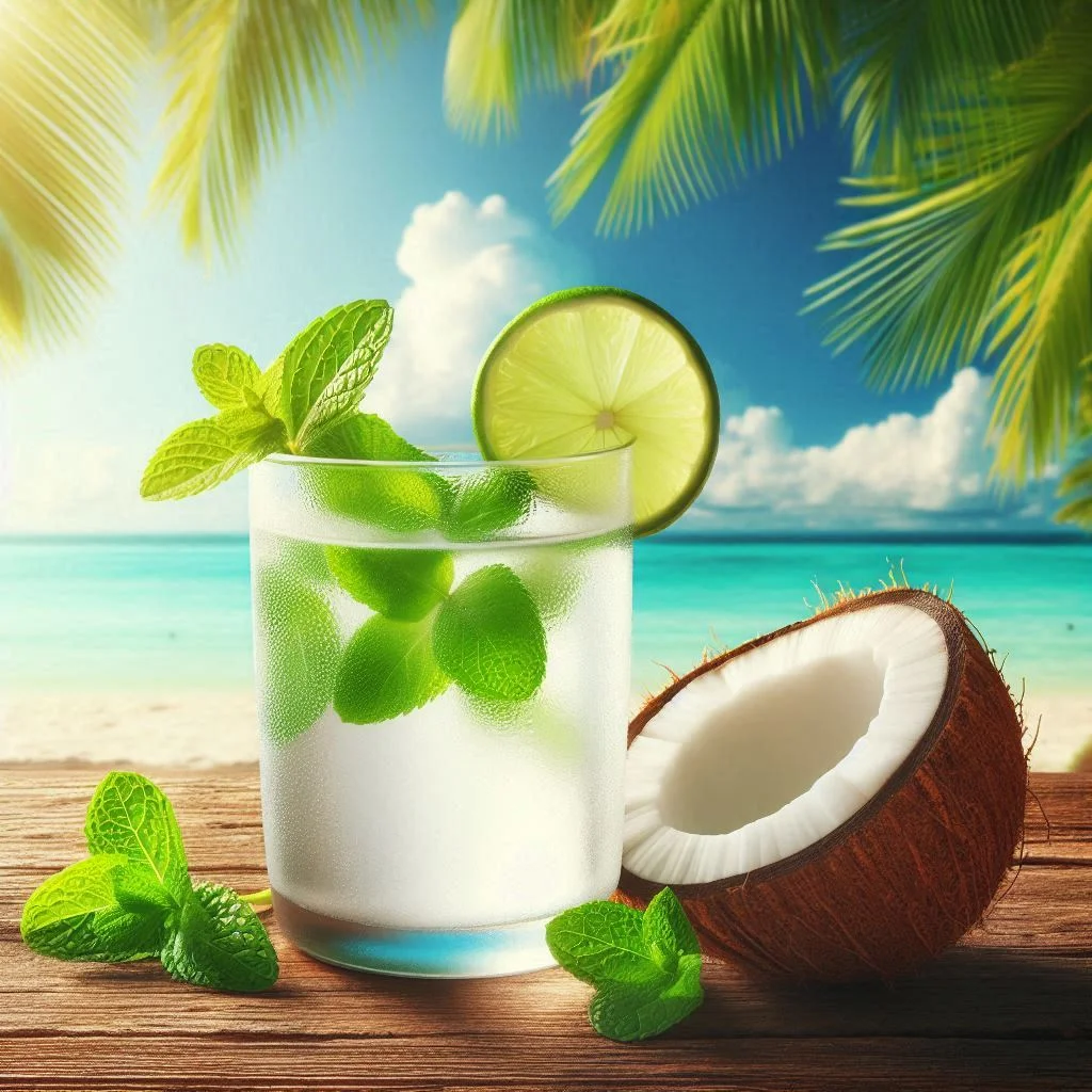 Refreshing mojito cocktail with mint and lime on a tropical beach