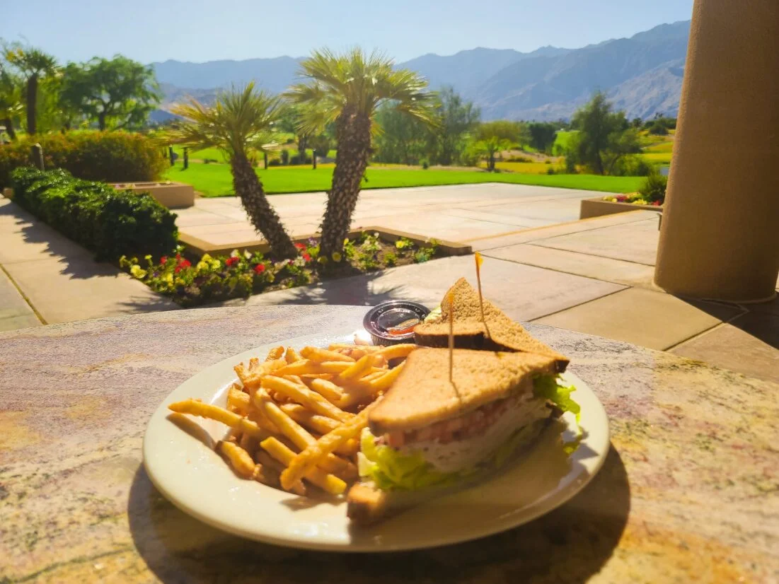 Turkey club sandwich with fries and scenic mountain view