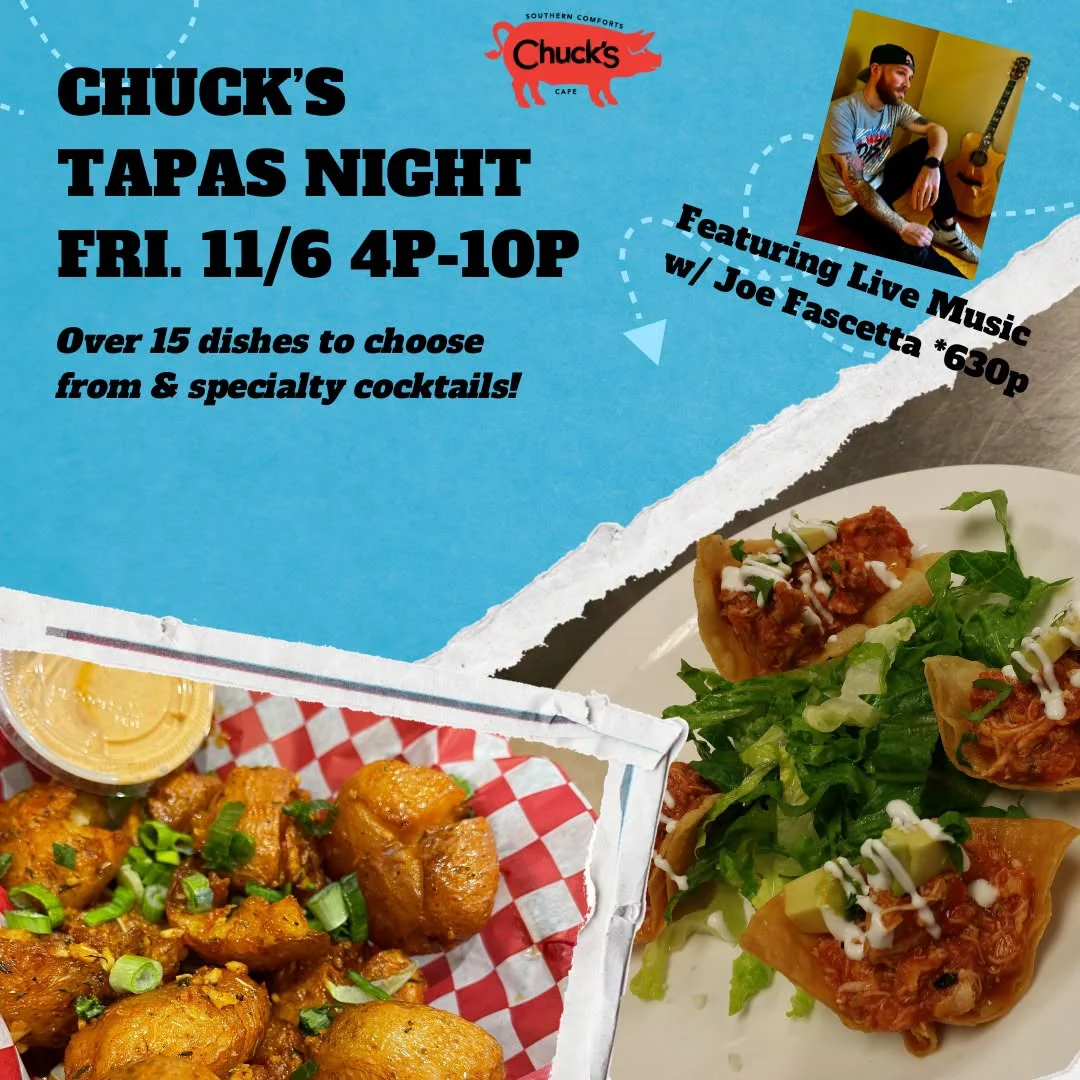 Restaurant tapas night promotional graphic with plated food and live music announcement
