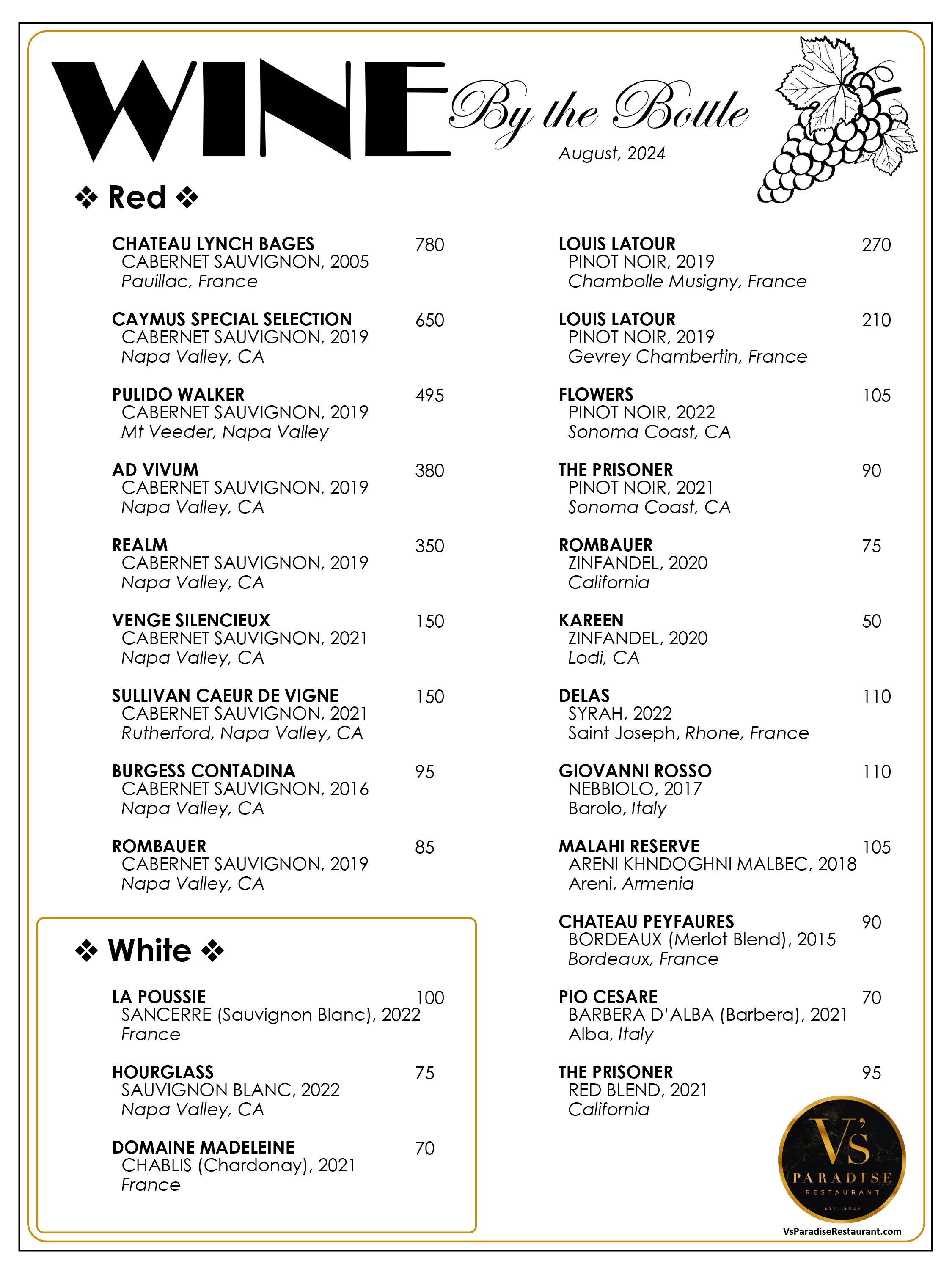 Wine list featuring red and white selections from various regions