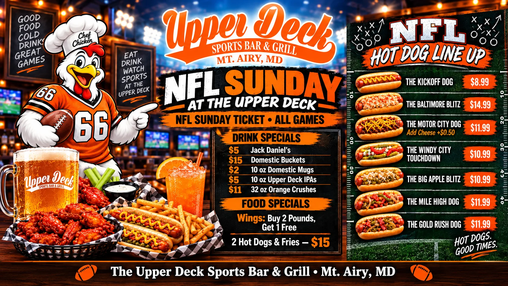 NFL Sunday sports bar promotion with hot dogs, wings, beer, and cocktails