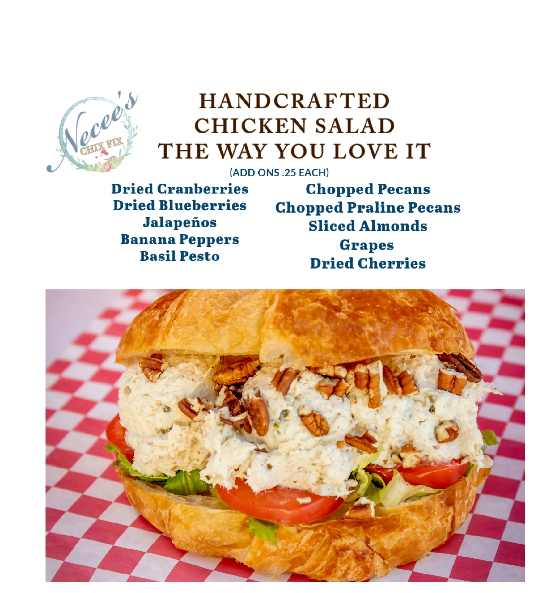 Handcrafted chicken salad sandwich on a flaky croissant