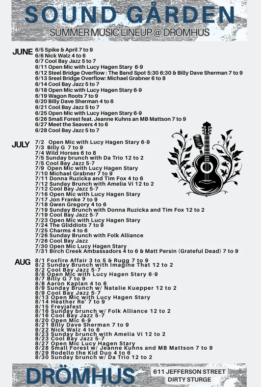 Summer music lineup poster for Dromhus Sound Garden events