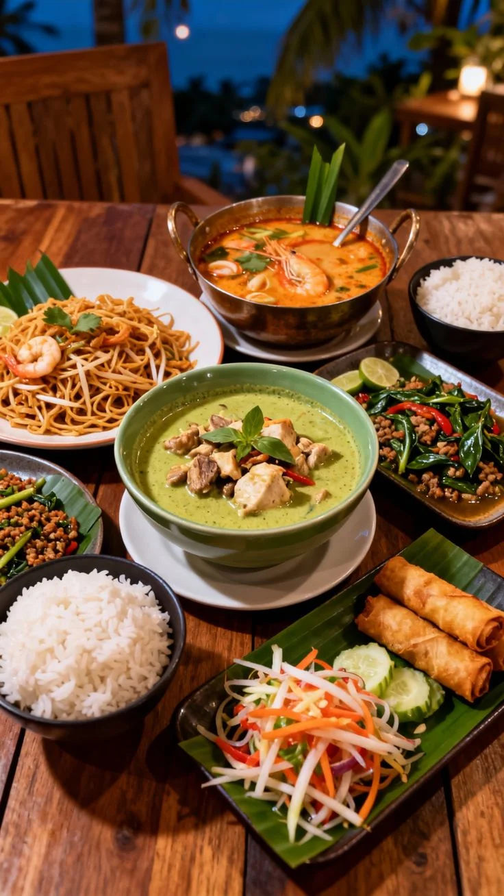 Thai green curry with rice and spring rolls on a wooden table