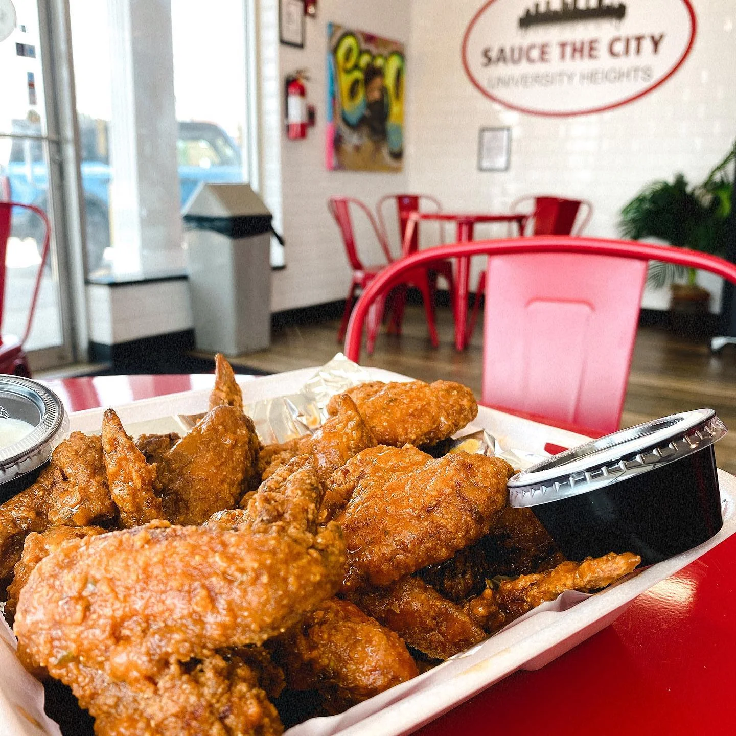 Crispy fried chicken wings served in a casual dining setting