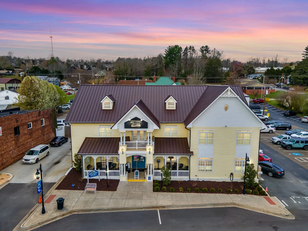 Charming Southern-style restaurant exterior at sunset