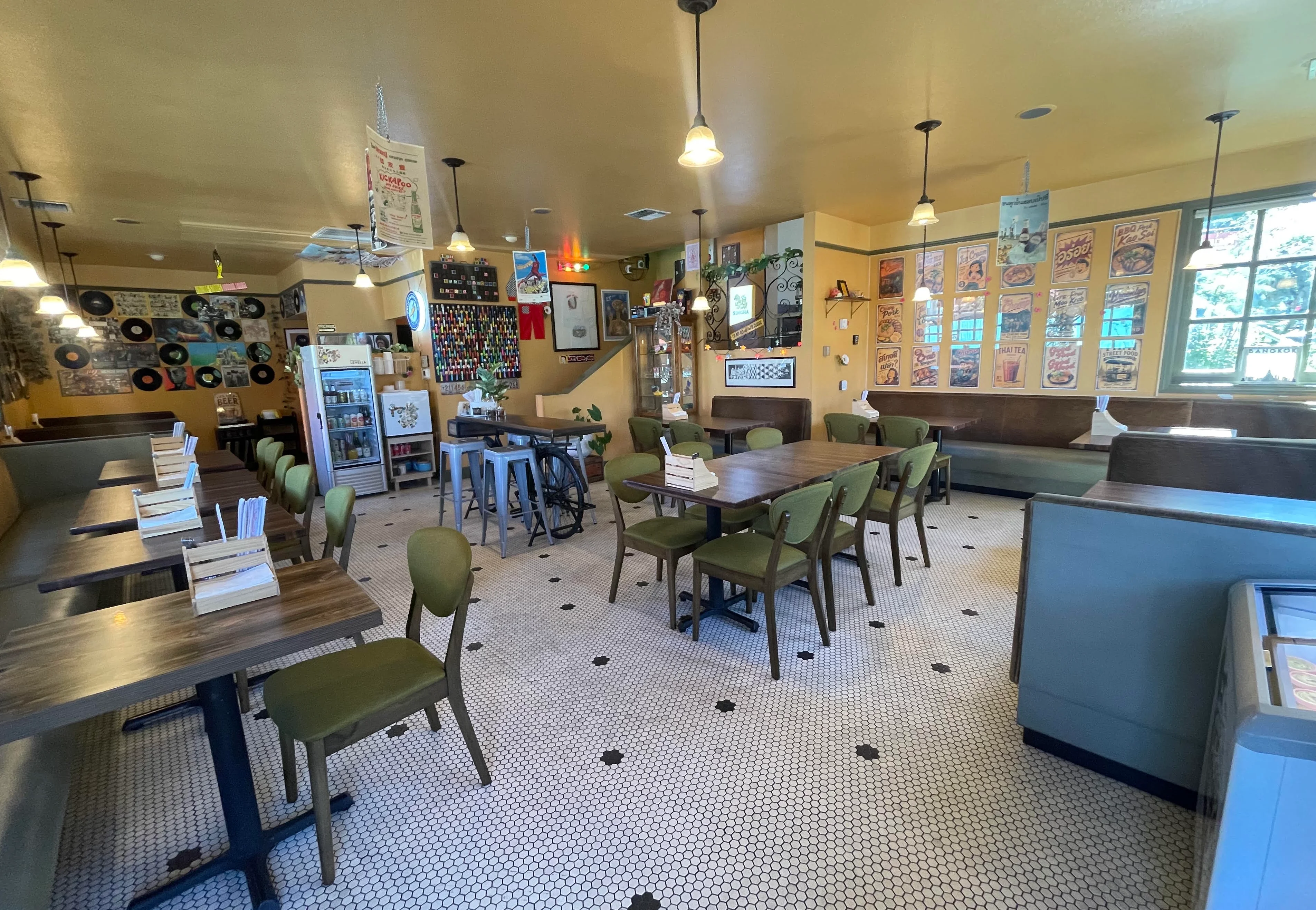 Colorful restaurant interior with vintage decor and cozy seating