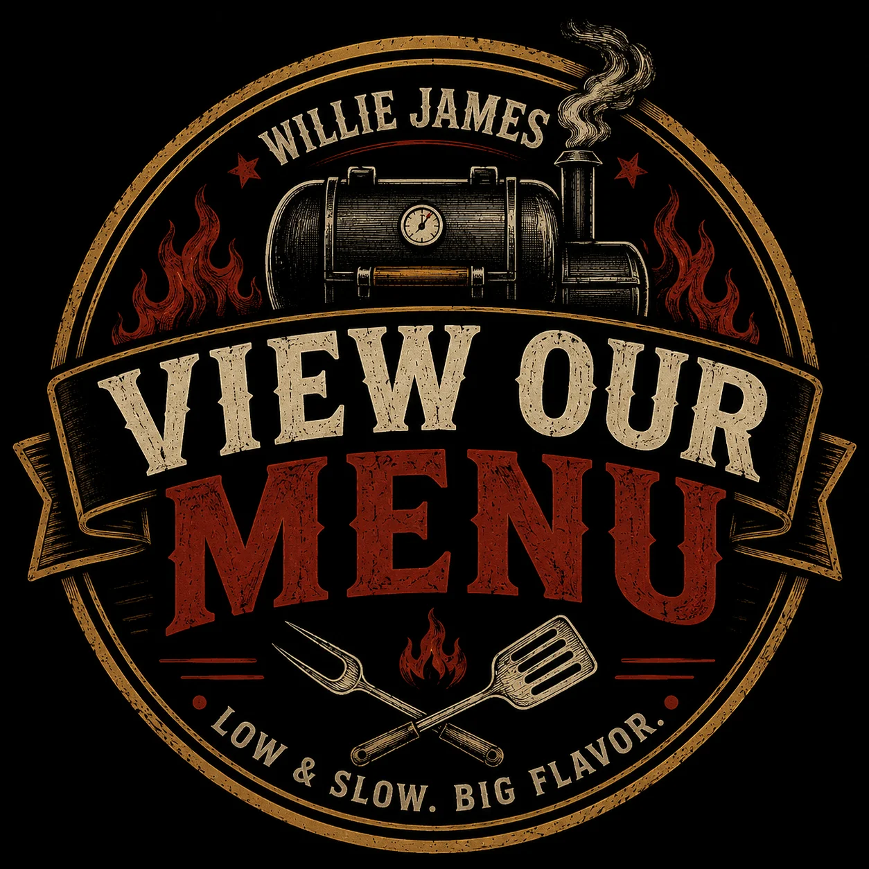 Logo for Willie James Smoked Meats featuring a smoker and campfire