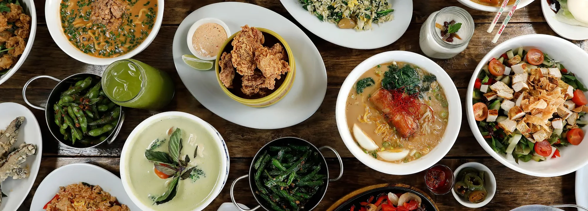 Assorted Asian dishes including ramen and fried chicken