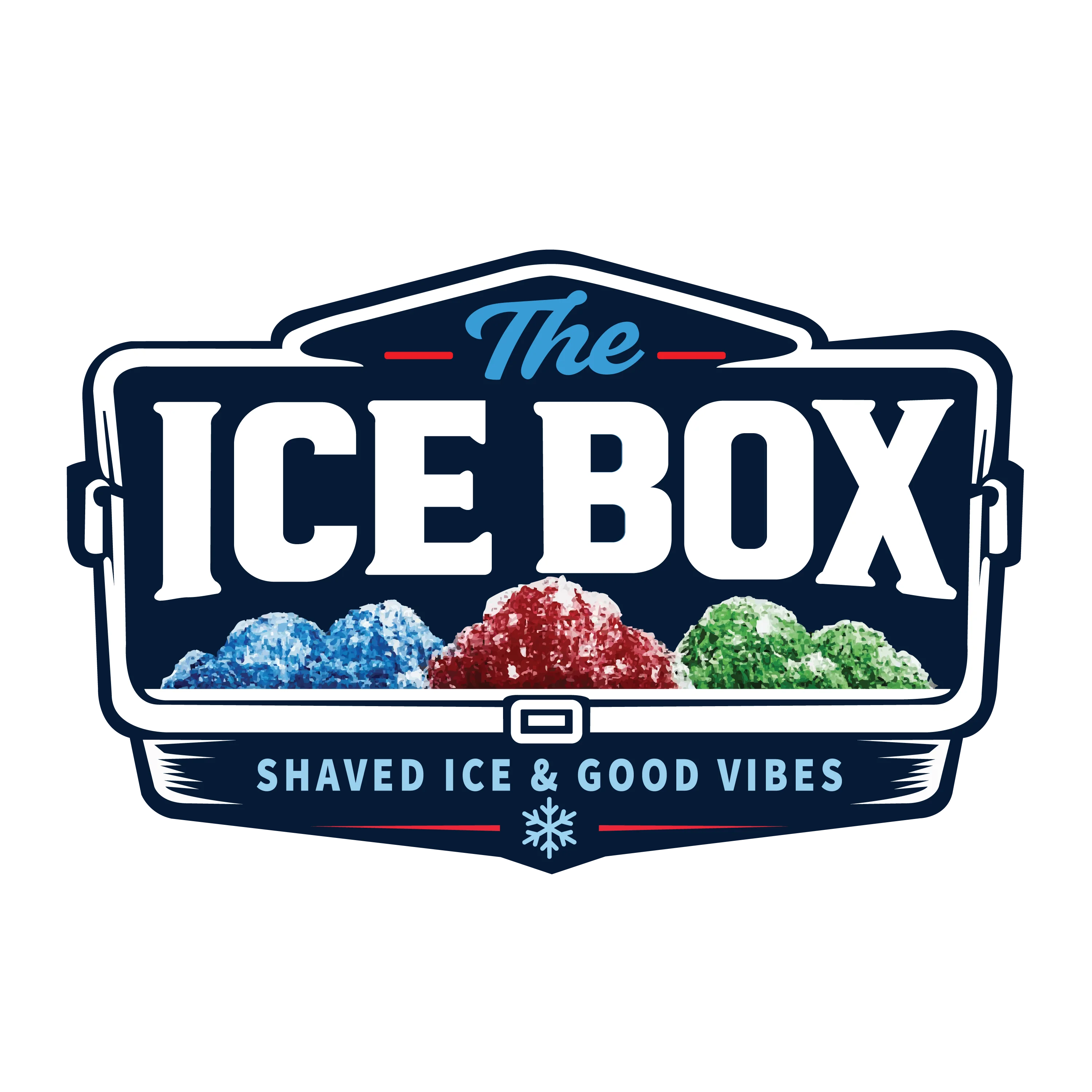 A logo for a shaved ice shop featuring colorful, fluffy shaved ice mounds in blue, red, and green. The design includes the name 'The Ice Box' and a tagline emphasizing good vibes.