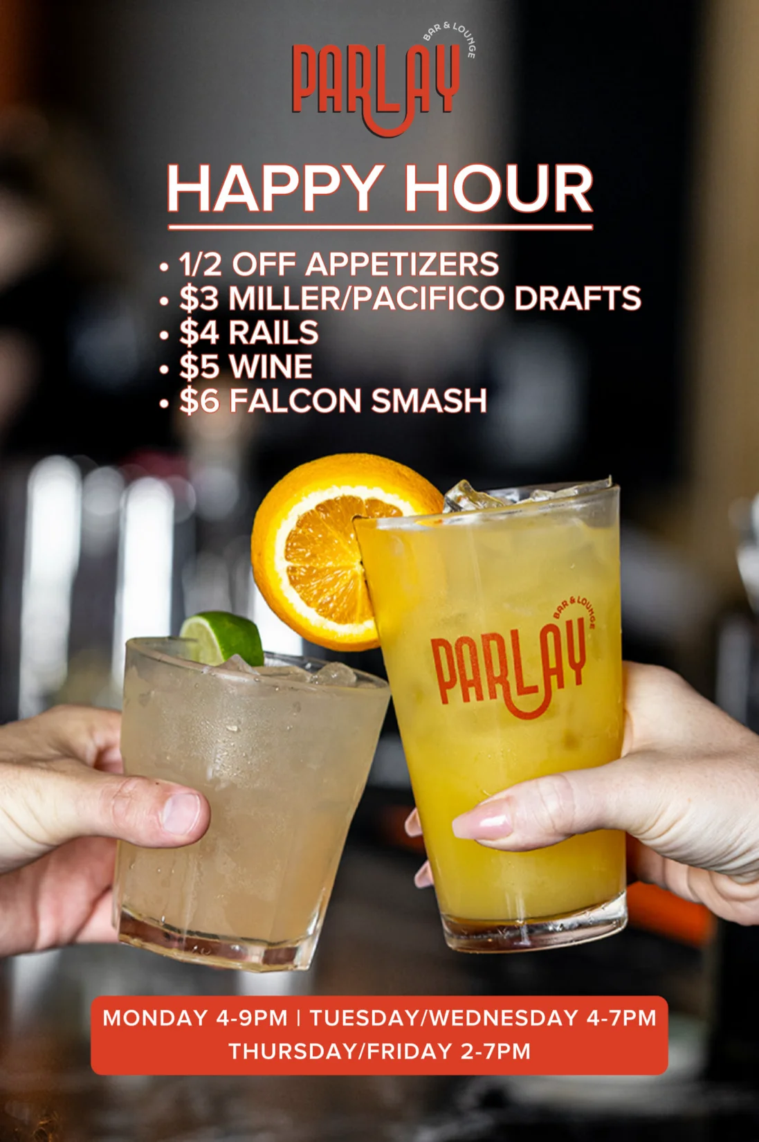 Happy hour specials at Parlay Bar & Lounge with drink and food discounts