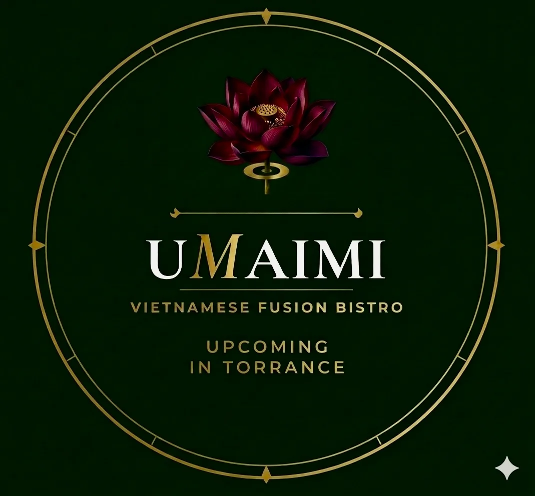 A logo for a Vietnamese fusion bistro, featuring a lotus flower design on a dark green background, with the name 'UMAI MI' prominently displayed and the text 'Upcoming in Torrance'.