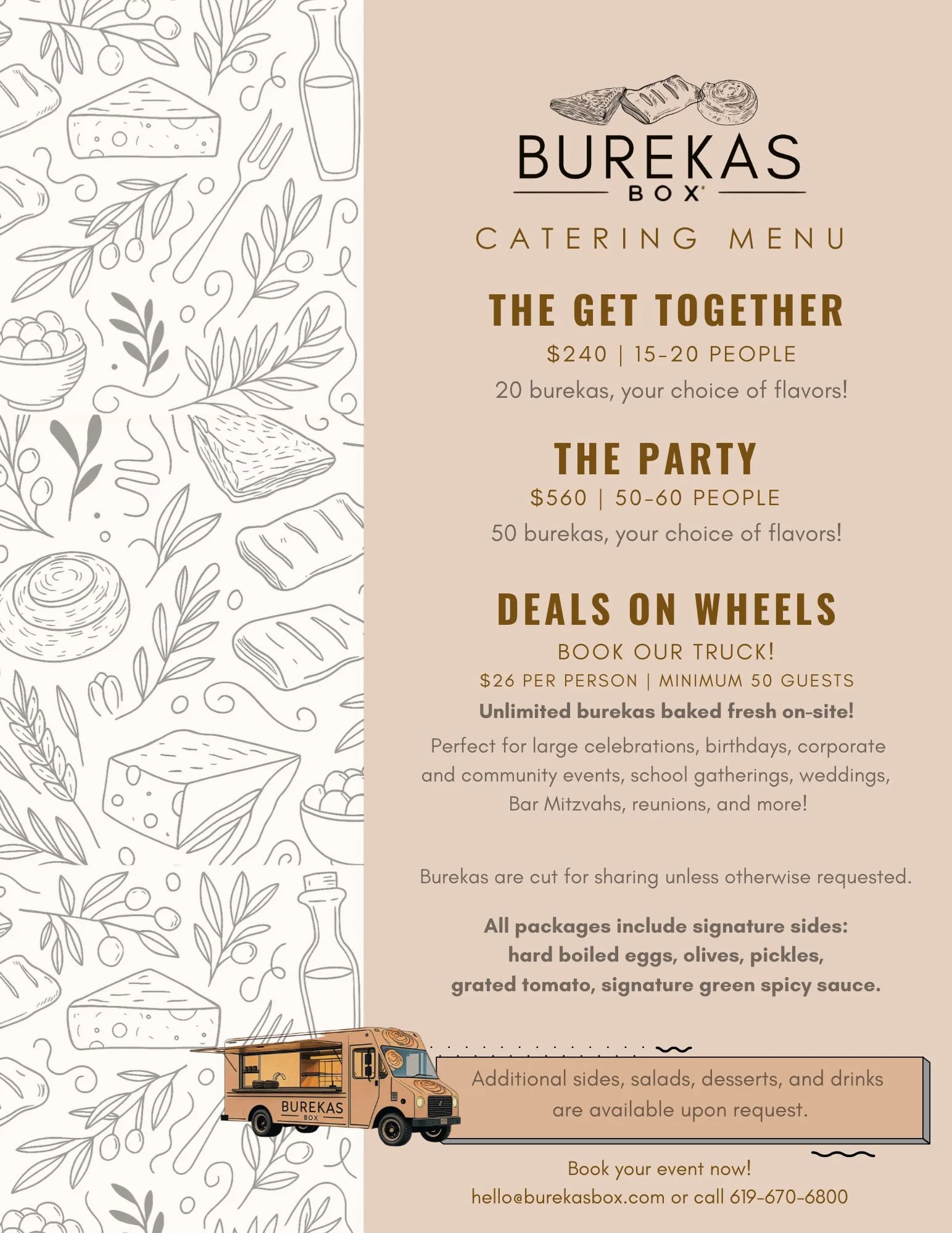 Catering menu for Mediterranean burekas with various flavors