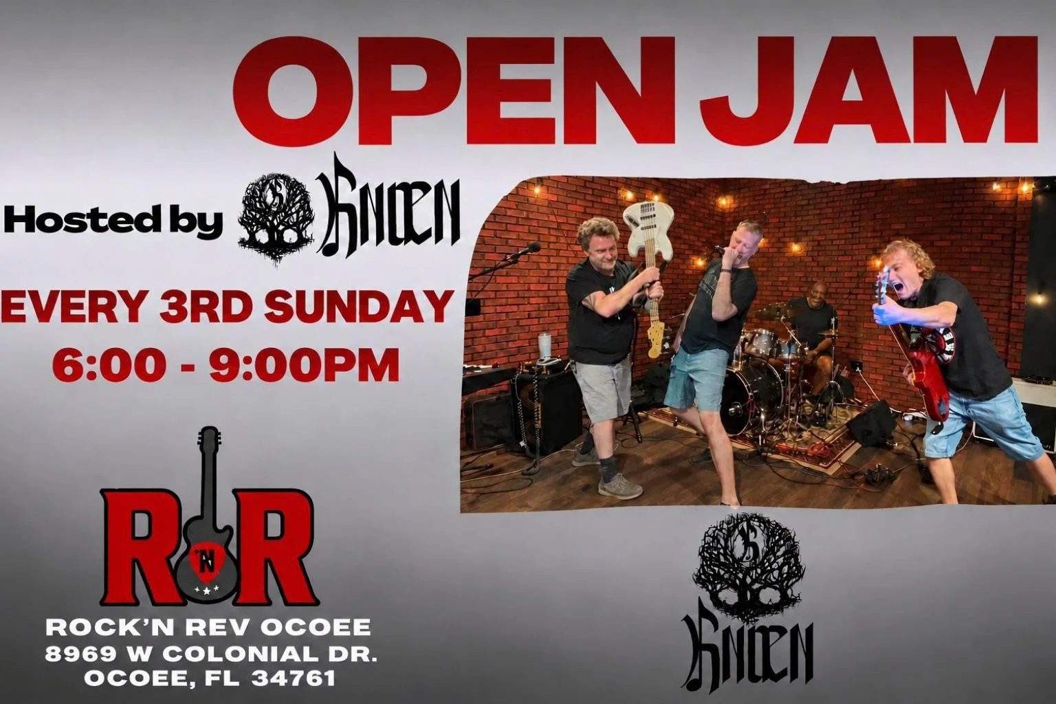 Rock music event poster with live band performing at a restaurant