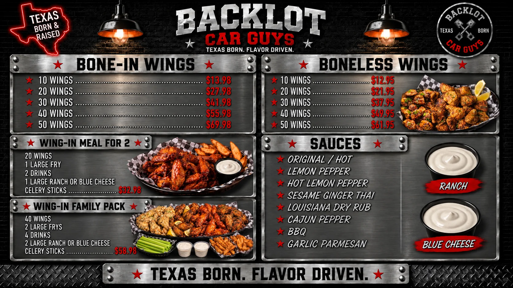 Texas-style wing platter with bone-in and boneless wings