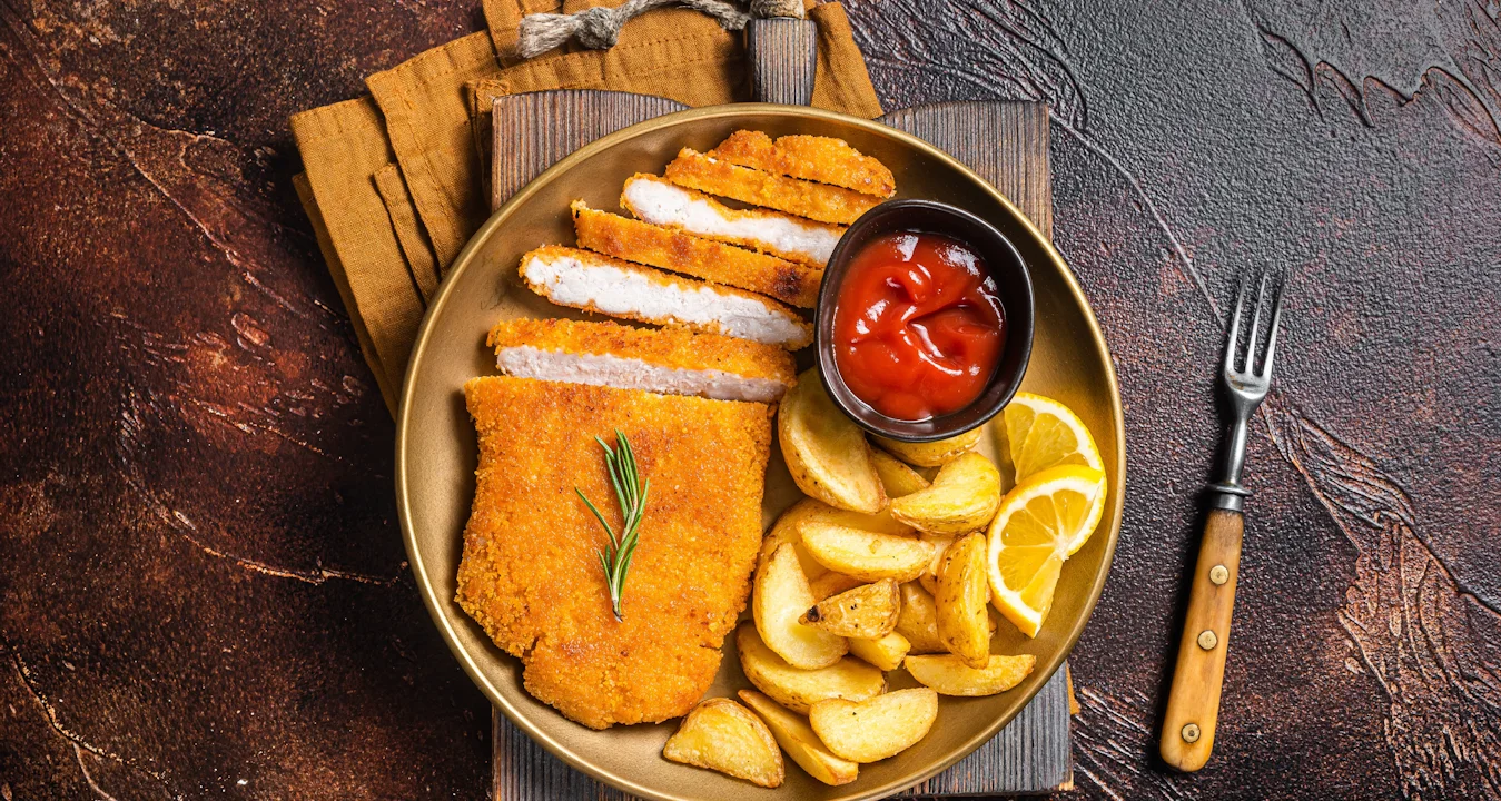 Crispy chicken schnitzel with golden potato wedges and ketchup