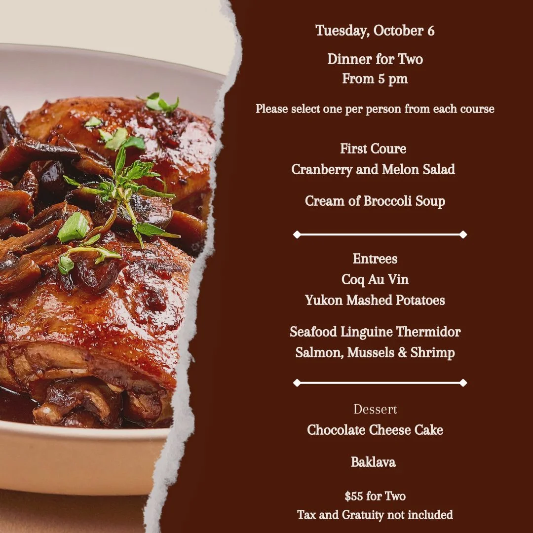 Restaurant promotional graphic featuring sliced prime rib and Yukon mashed potatoes