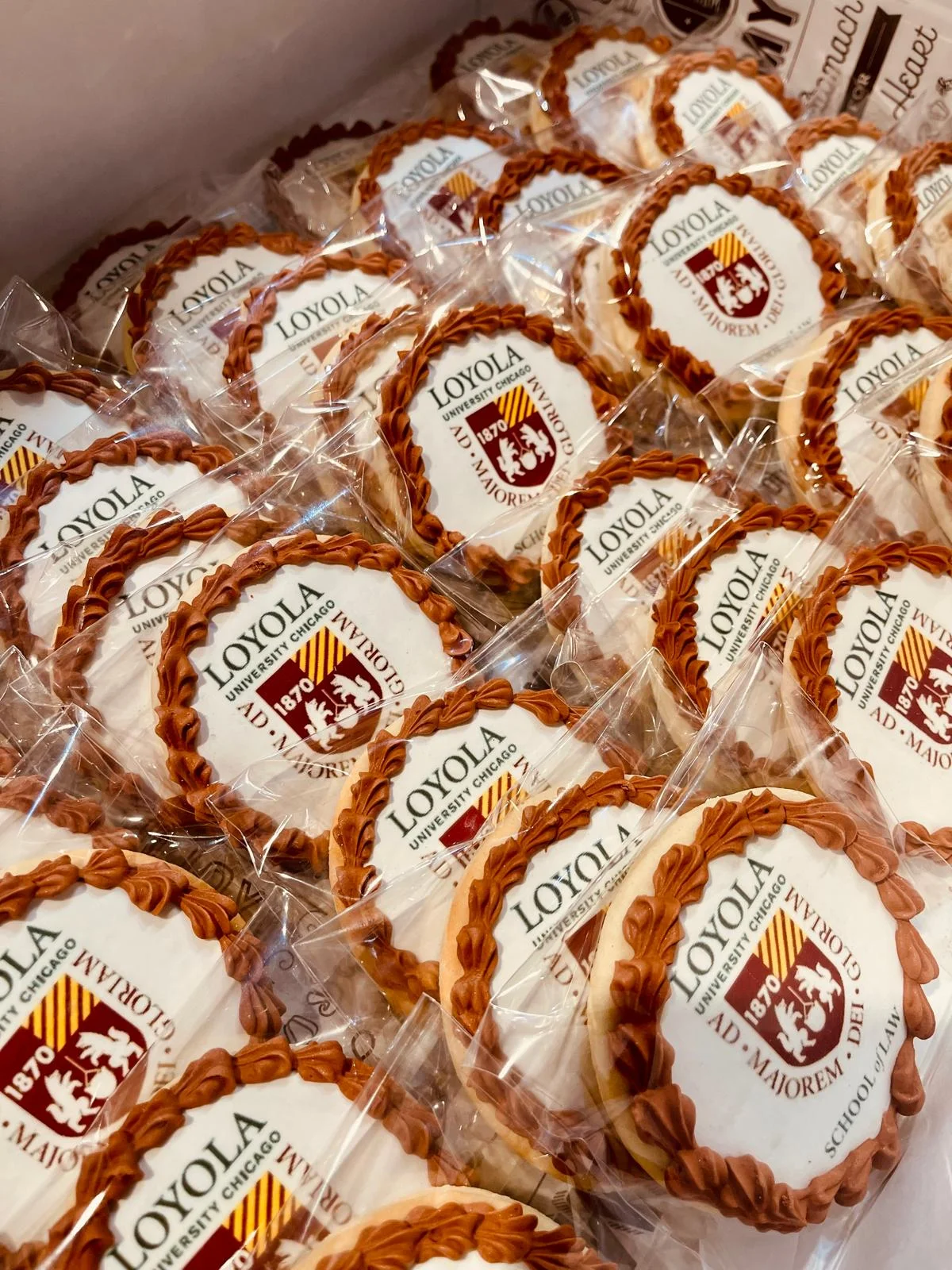 Decorative cookies featuring Loyola University Chicago branding