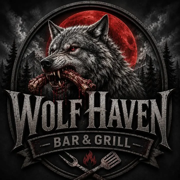 A stylized logo featuring a wolf with a bloodied bone in its mouth, set against a red moon.