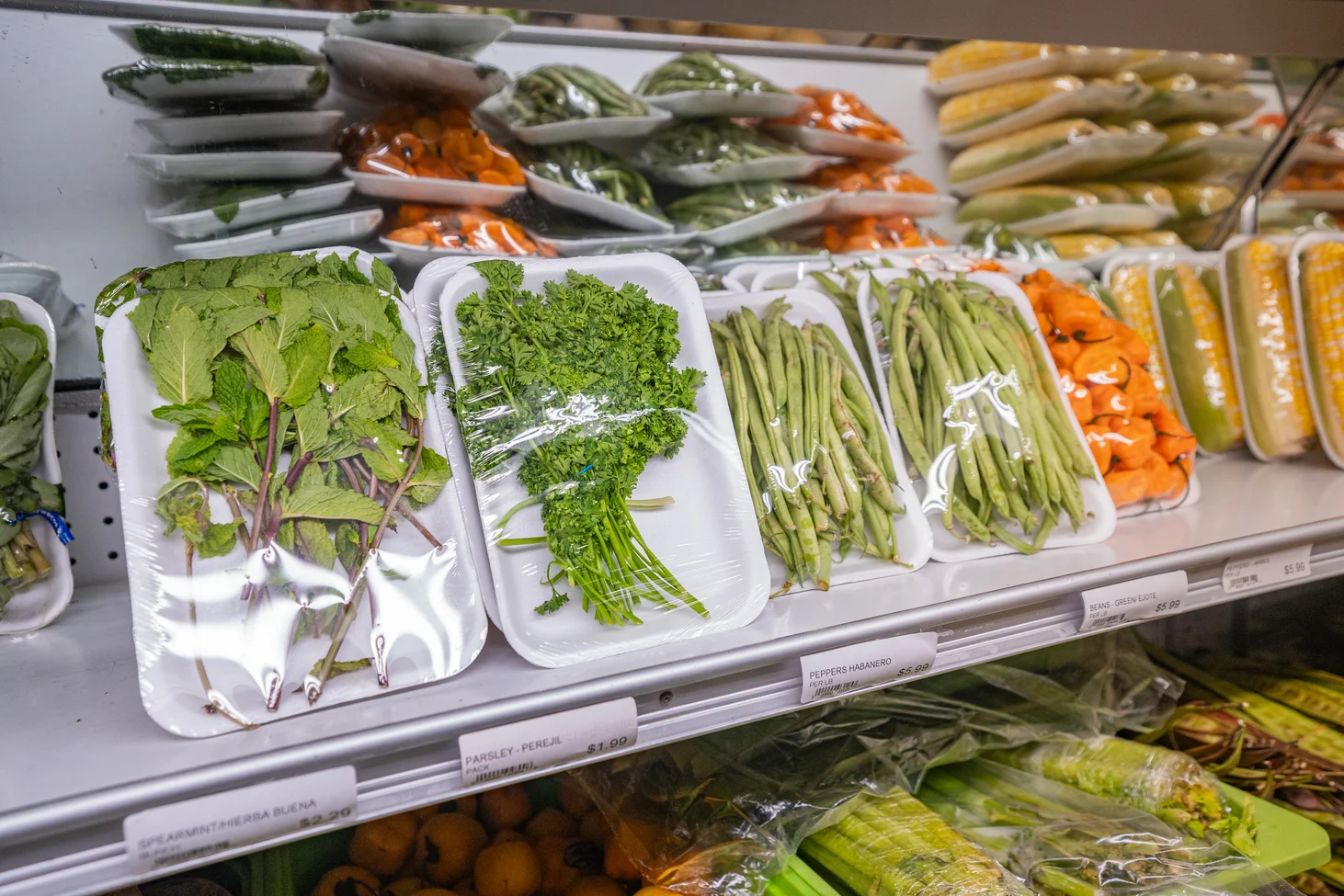 Fresh herbs and vegetables in a grocery display