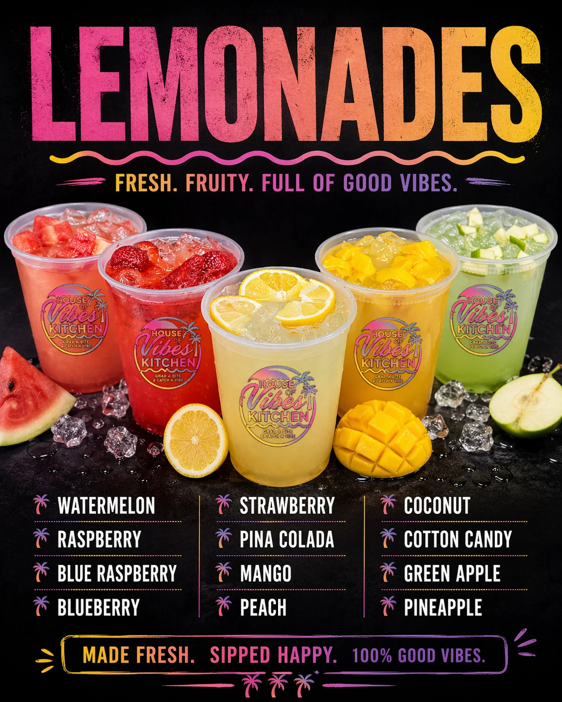 A vibrant assortment of lemonades in different flavors, including watermelon, strawberry, and coconut, set against a dark background.