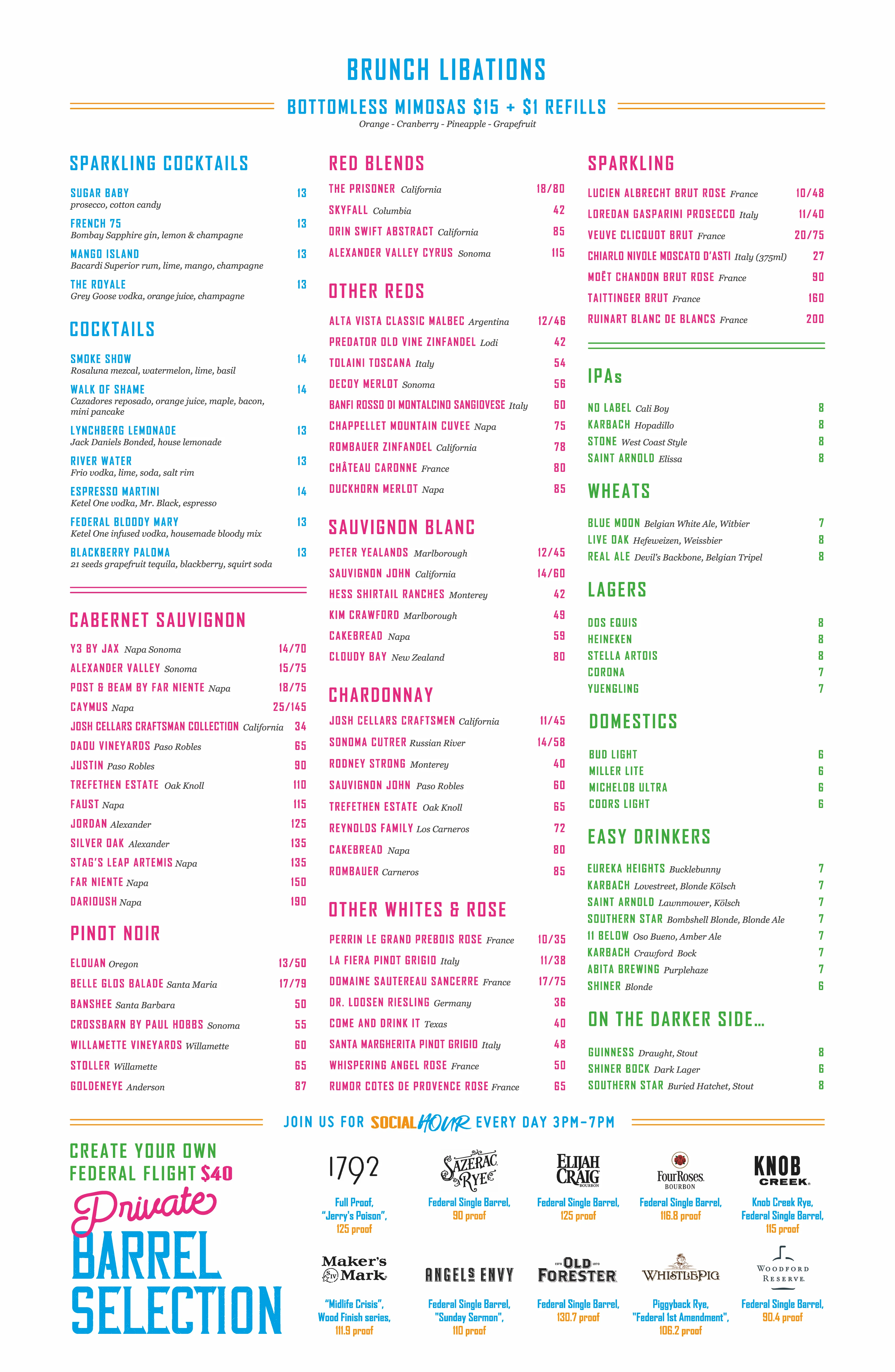 Brunch drink menu featuring cocktails and wines