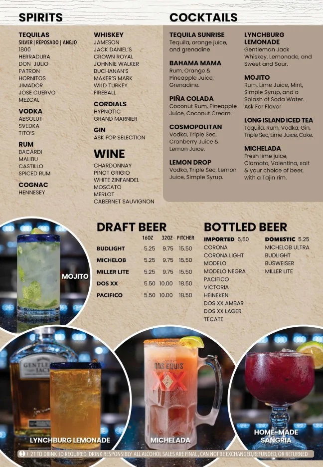Cocktail menu featuring various drinks and spirits