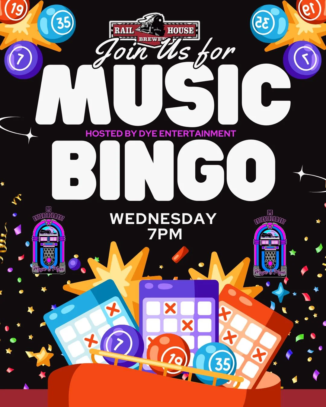 Promotional poster for Music Bingo event at Rail House Brewery