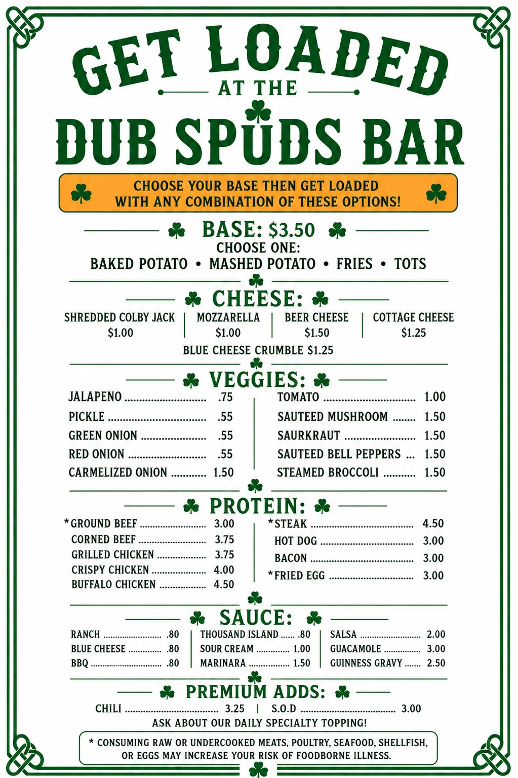 Loaded potato bar menu with various toppings and options
