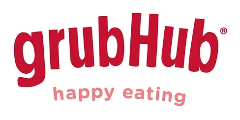GrubHub logo with tagline 'happy eating'