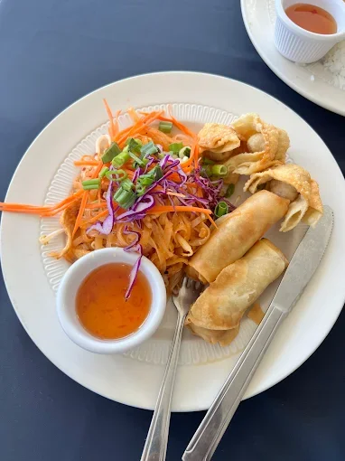 Plate of Thai spring rolls and pad thai with dipping sauce