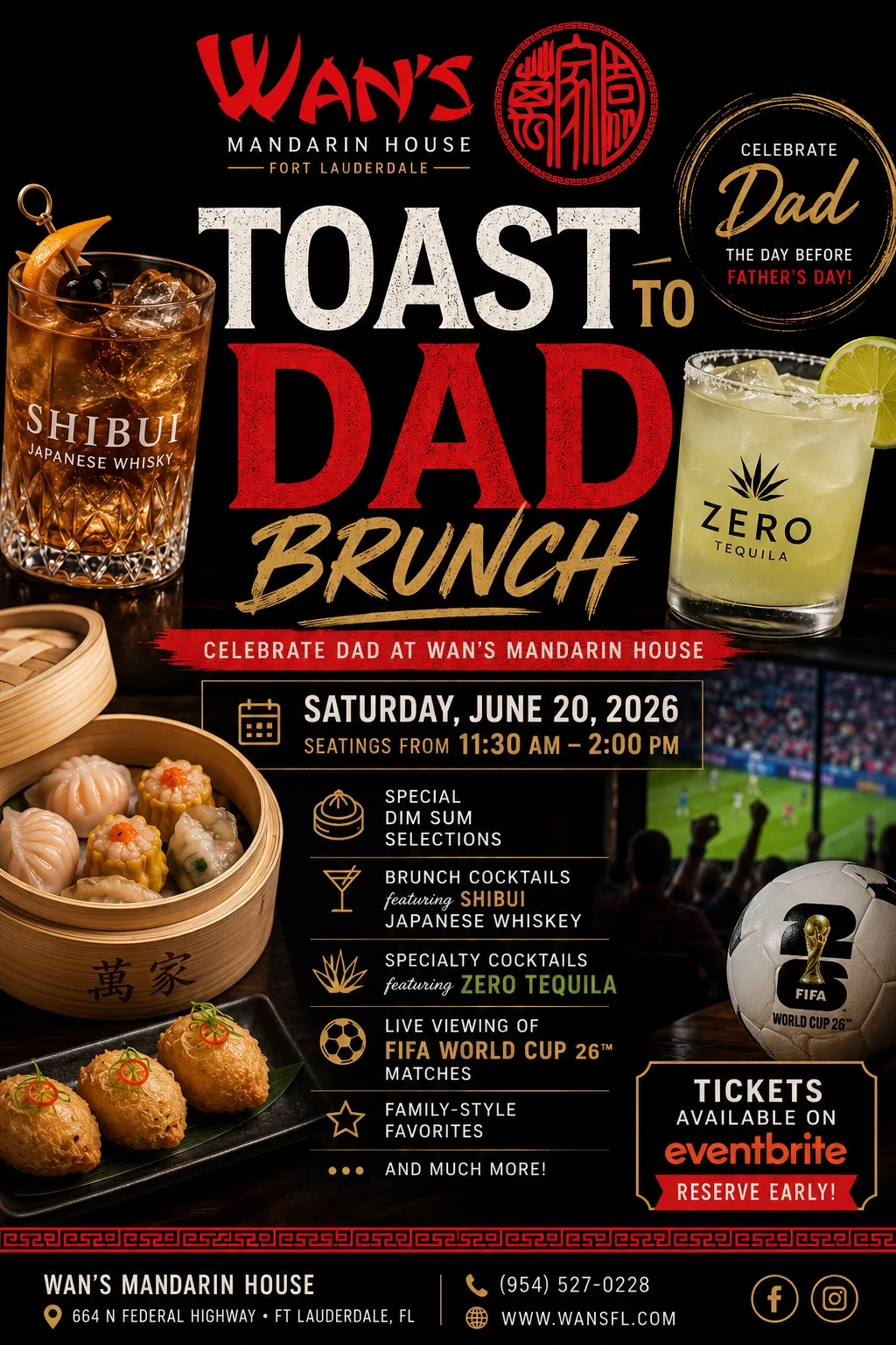 Promotional poster for Wan's Mandarin House Toast to Dad Brunch event.