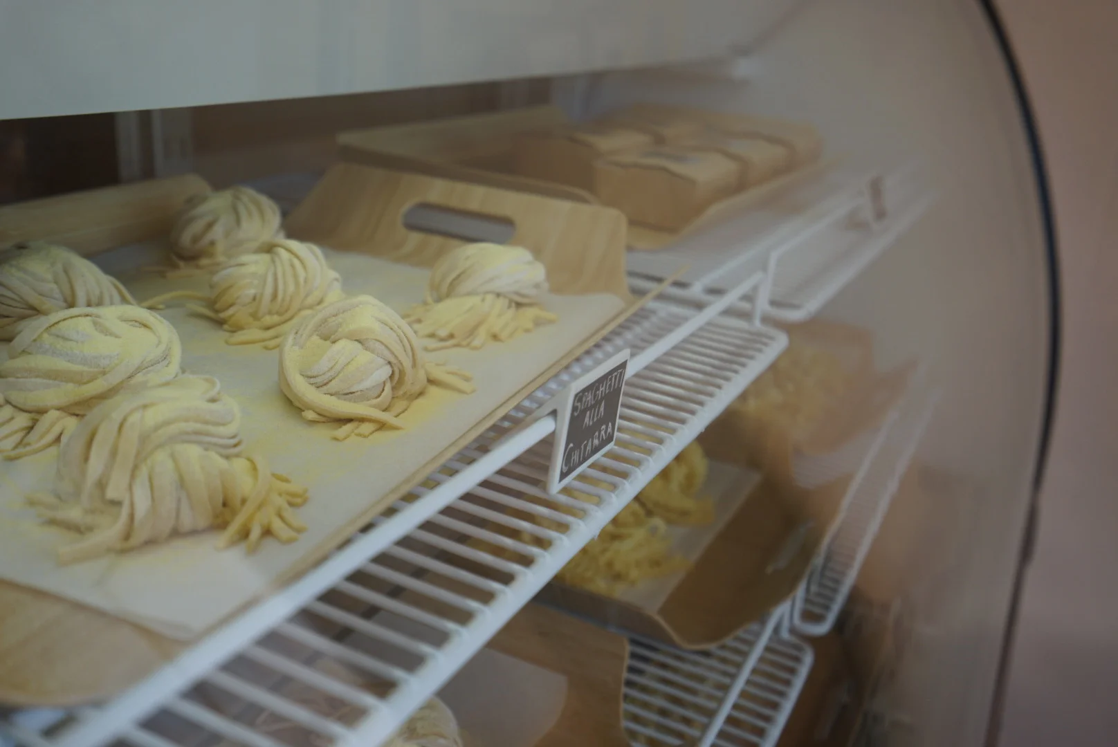 Freshly made spaghetti alla chitarra on display