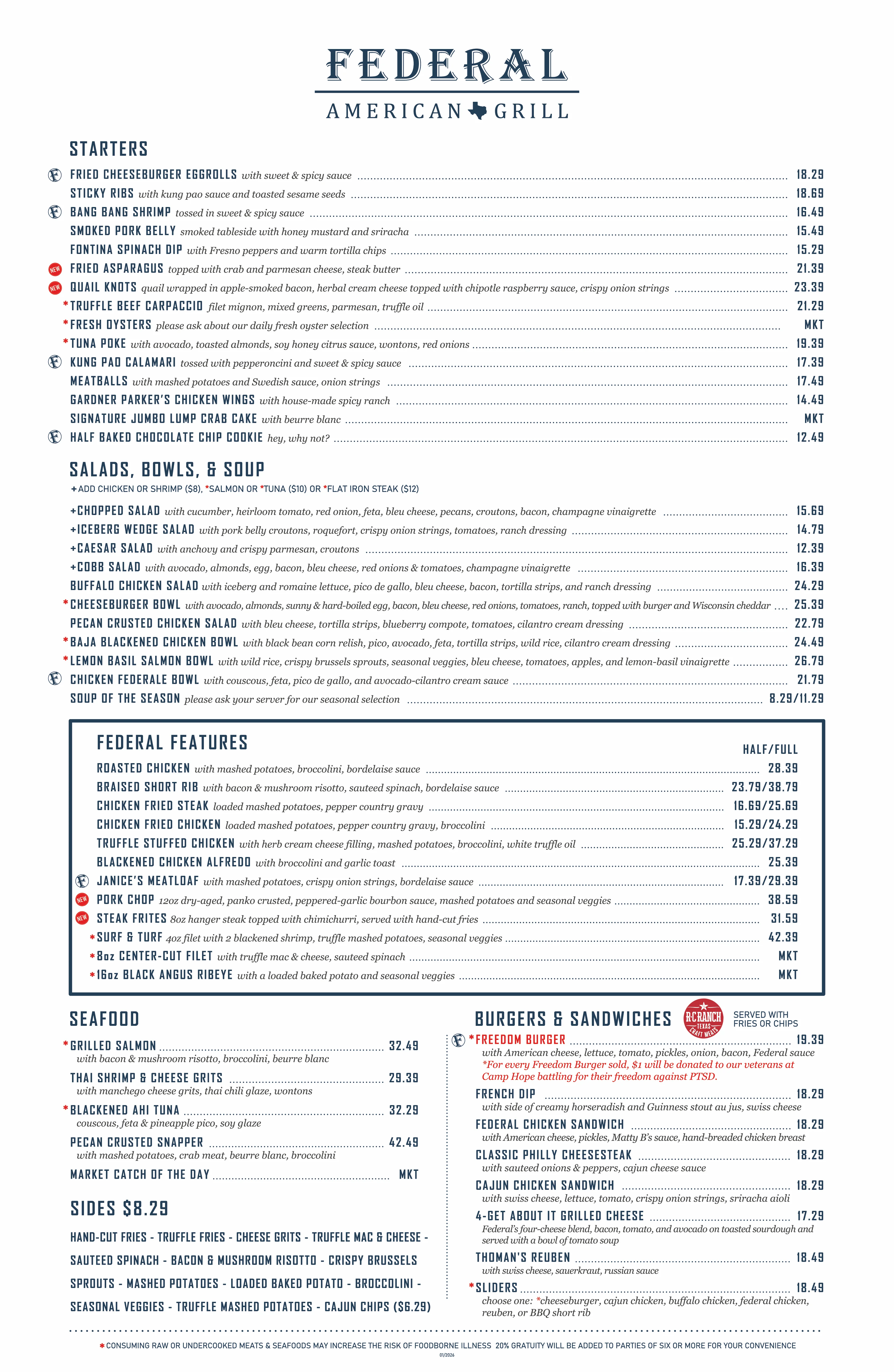 American grill menu featuring diverse starters and entrees