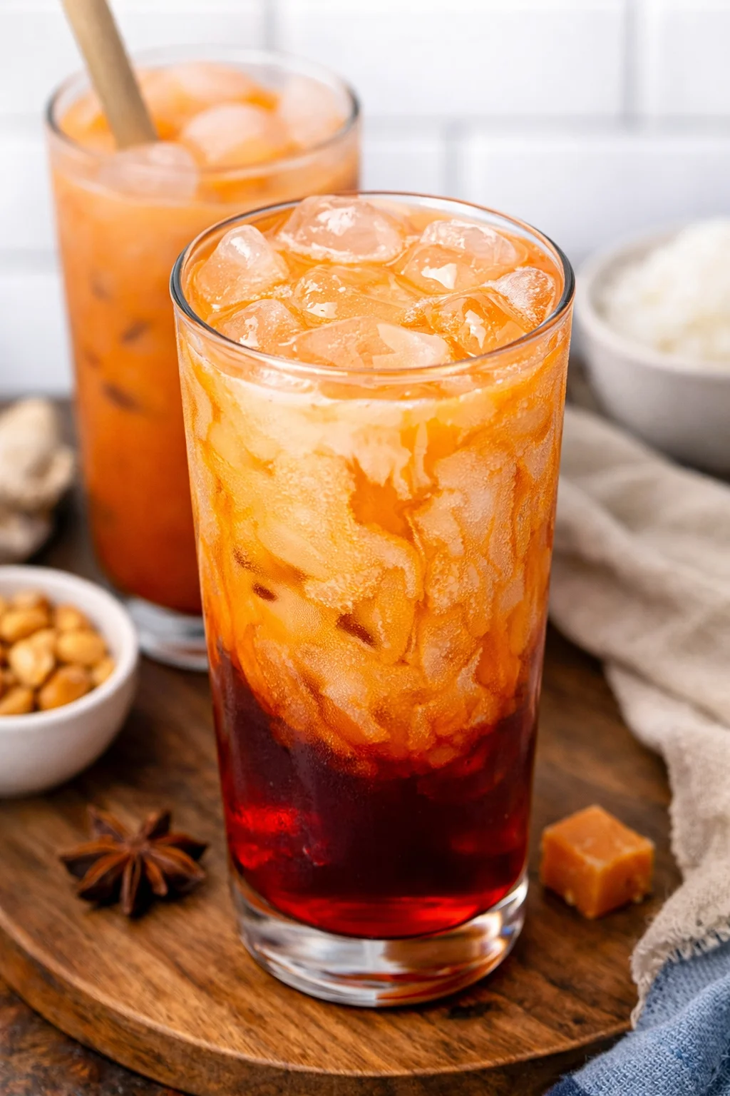 Refreshing Thai iced tea with layers of color and ice